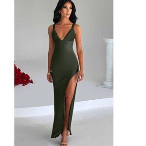 Sexy Satin Dress V-Neck Spaghetti Straps Pleated Side Slit XL